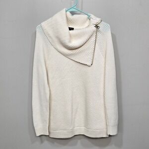 Talbots Sweater Medium White Asymmetrical Zip Cowl Minimalist‎ Moto Cozy Chic